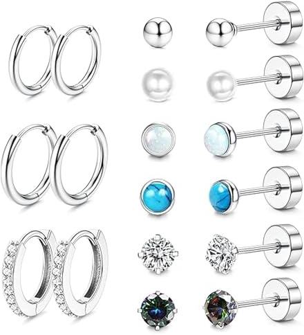 LOFITOR 9 Paia Orecchini in Titanio Ipoallergenici per Donne e Uomini Set Orecchini Donna Acciaio Chirurgico Piercing Orecchio a Cerchio Multi Piercings Helix Trago Conch Piercing（Argento Oro Nero）