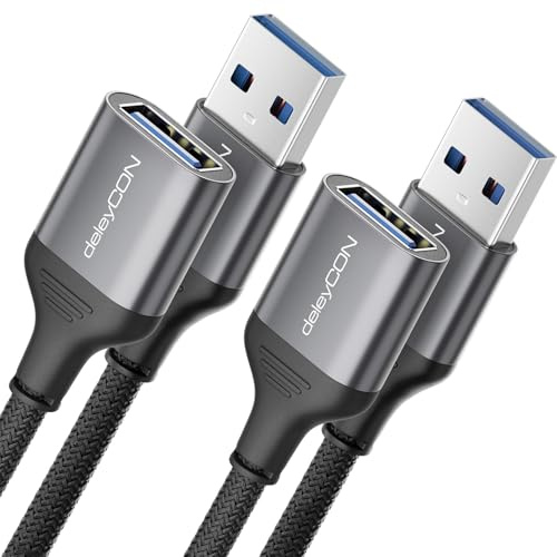 deleyCON 2x 1,5m USB 3.0 Cable de Extensión 5Gbps (Clavija A a Toma A) Clavija de Aluminio + Cable de Nylon Cable de Datos para Teclado, Lector de Tarjetas, Impresora, Escáner, Cámara, etc.