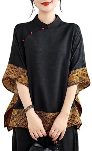 Blusas Retro De Estilo Chino Para Mujer Camisas Con Cuello Alto, Mangas 3/4 Y Dobladillo Fluido Blusa Tradicional Hanfu Con Estampado De Patchwork(Yellow)