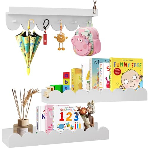 BunteHunde 3- Pack Nursery Book Shelf with Hook, 15.75-Inch Nursery Shelves, Kids Wall Bookshelf Wooden Floating Shelves for Bedroom, Living Room,Kindergarten Safe Wall-Mounted Book Storage(White)