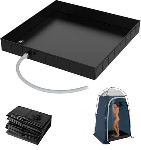 Base de ducha plegable, 104 x 104 x 13 cm, bandeja de ducha portátil para camping, con tubo de drenaje, 2 agujeros de aguas residuales, base de tienda de ducha, tienda de campaña, base de ducha para