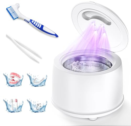 Limpiador Ultrasonidos 45kHz, 200ml, 4 Modos, Lampara UV, 25W Máquina Limpiadora de Dentaduras Postizas Para Alineadores, Postizas, Alineadores, Retenedores, Aparatos de Ortodoncia (Blanco)