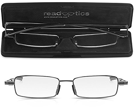 Read Optics Fold Flat Reading Glasses +1.0, Full Size Metal Eye Glasses that Quickly Unfold with a Protective Thin Black Case, Easy to Carry