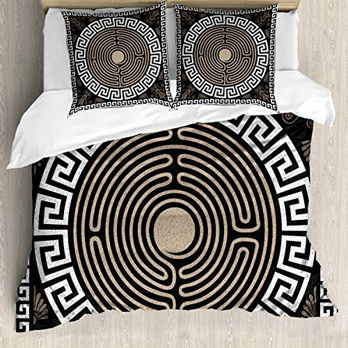 ABAKUHAUS Mäander Bettwäsche Set für Doppelbetten, Typisch Griechisch Wellen, Weicher Microfaserstoff Allegigeignet kein Verblassen, Dunkelbraun Kokosnuss Ecru und Dunkle Taupe