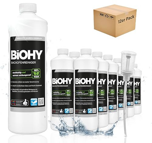 BiOHY Backofenreiniger Hochkonzentrat (12 x 1 Liter) + Dosierer | Bio Reiniger & Fettlöser | EXTRA STARK | löst hartnäckige Verkrustungen & Fett| für Backöfen & Mikrowellen | effektive Ofenreinigung
