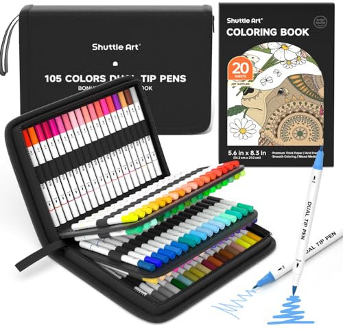 Shuttle Art Feutres Coloriage Adulte, 105 Couleurs Feutre Double Pointe Fine Feutre Pinceau avec Etui Portable et 1 Livre de Coloriage, Aquarelle Stylos pour Dessin Calligraphie Coloriage Mandala