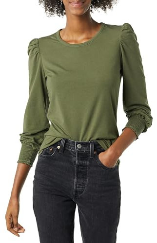 Amazon Essentials Women's Long-Sleeve Crewneck Smocked Cuff T-Shirt, Olive, M