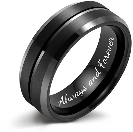 LerchPhi Men's 8MM Black Tungsten Wedding Ring, Durable Wedding Band Alternative, Engraved 'Always and Forever', Scratch-Resistant, Comfort Fit Size 10