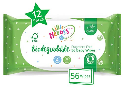 Little Heroes Biodegradable Baby Wipes, Wet Wipes For Sensitive Skin, Fragrance Free (12 Packs X 56 Wipes Totaling 672 Wipes)