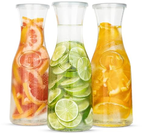 Glass Carafe Pitchers, by Kook, Large Carafe - set of 3, Beverage Dispensers, Clear Jugs For Mimosas, Water, Wine, Milk and Juice, with Plastic Lids, 50 oz Dishwasher Safe