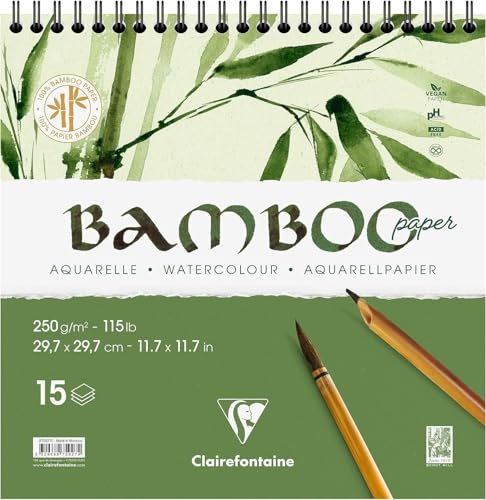 Clairefontaine 975927C - Bamboo Spiral-bound Pad - 15 Sheets of 100% Bamboo Watercolour Paper, Natural White, Vegan - Finely Marked Grain , 29.7x29.7 cm, 250g