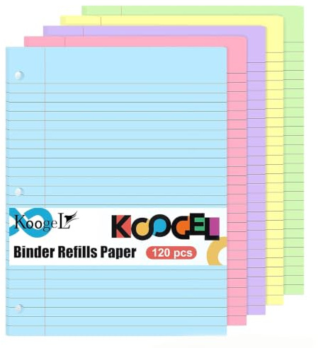 Koogel 120 Sheets Coloured Lined Paper Refill Pad - 5 Vibrant Colours, Thick Anti-Bleed, 20 x 26.5cm 3-Hole Punched for Binders, Organisers, School, Office & Study Note-Taking