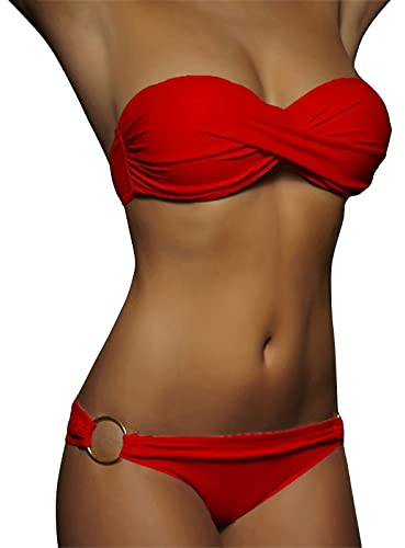 Conjunto de bikini push-up de 2 piezas para mujer, traje de baño con cintura alta, parte superior de bikini, moda de playa, bikini a rayas sin tirantes, rojo, L