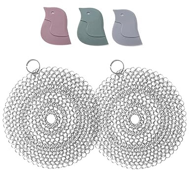 2 st Chainmail-skrubbare gjutjärnsrengöringsmedel, rostfritt stål skrubbare för rengöring av gjutjärn, wok, matlagningsgryta, stekpanna eller gjutjärn gryta, underhåll, 10 cm