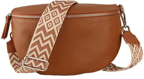 MIRROSI® Bauchtasche Damen, Echtleder, Made in Italy, Umhängetasche, Brusttasche, Crossbody Bag (1 Tasche & 2 Gurte) (Cognac (Bohemian Braun Beige), Große Tasche (28x18x9cm))