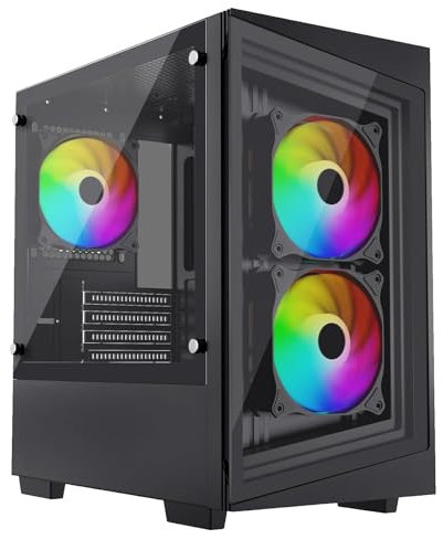 iONZ PC Gaming Case Micro ATX Mini Tower - Compact Glass Series | Black Tempered Glass (G1 Edition with 3 x 120mm ARGB PWM Fans)