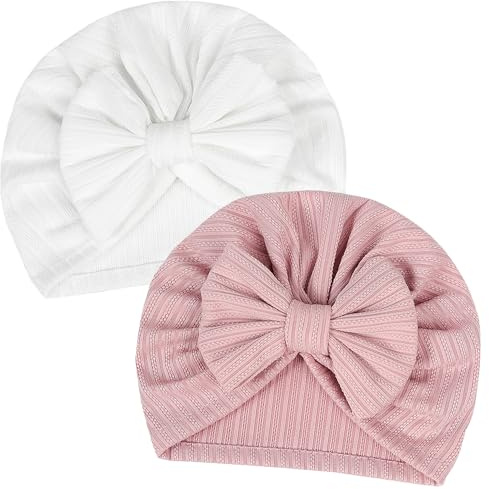 LECTNORE 2Pcs Newborn Baby Hat, Soft Stretchy Baby Turban Hats Infant Girls Boys Cap Nursery Hospital Caps for Newborn Baby, Toddlers(Pink/White)