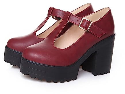 Womens Block High Heel Platform Shoes Ankle Strap Mary Jane Shoes Round Toe Winter Boots with Heels for Women (Red, 5)