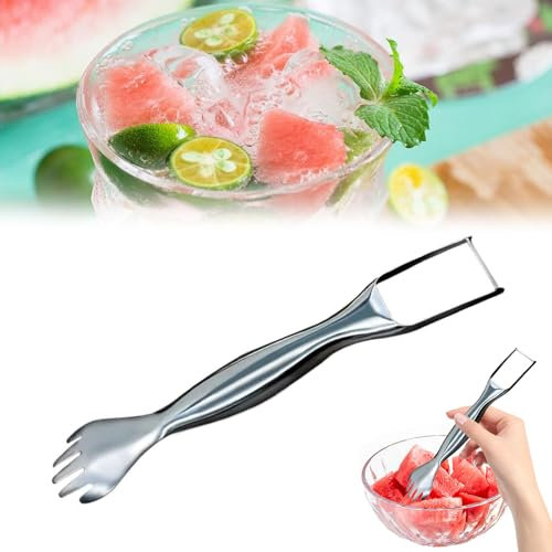 Ellxen 2 IN 1 Watermelon Obstschneider aus Edelstahl,Multifunktionaler Melonenschneider mit Tragbare Wassermelonengabel,Watermelon Cutter für Zuhause Küche Party Camping Gadget(B)