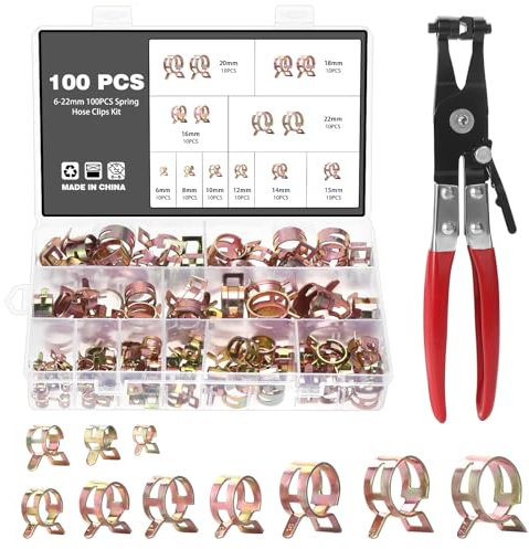 Knpwer 100 Pcs Clip à Ressort Tuyau Serre joints 10 Tailles Tuyaux Colliers de Clip à Ressort Tuyau Serrage Ajustable de Tailles 6-20mm,Avec une Pince à Collier de Serrage