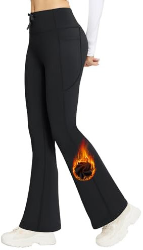 baleaf Damen Thermo Yogahose High Waist Flared Leggings Winter Fleece gefütterte Thermohose Drawstring Thermal Leggings Bootcut Bell Bottom Warm Jogginghose mit Taschen Schwarz M