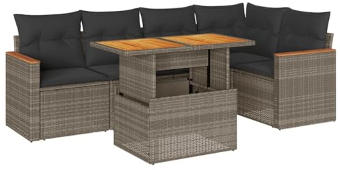 vidaXL 6-TLG. Garten-Sofagarnitur mit Kissen Grau Poly Rattan Akazie, Outdoor Sofagarnitur, Gartensofa Set, Lounge Set, Sofagarnitur Terrasse