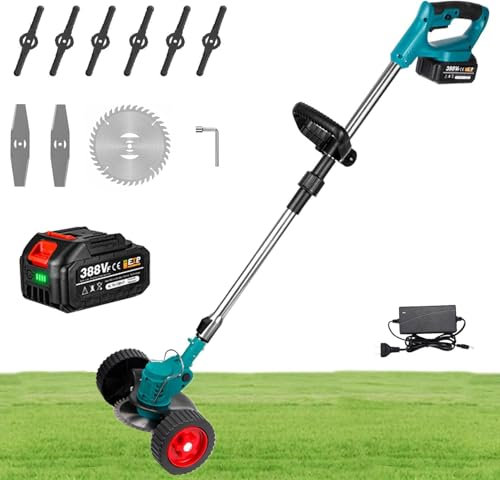 Rasentrimmer mit 1x 2.0Ah Akku, 21V Leichter Freischneider, Rasenmäher und Heckenschere – Inklusive Unkrautbürste mit Rollen, 5 Kunststoffklingen, 2 Metallklingen & Sägeblatt (Mit 2X 2000mAh Akku)