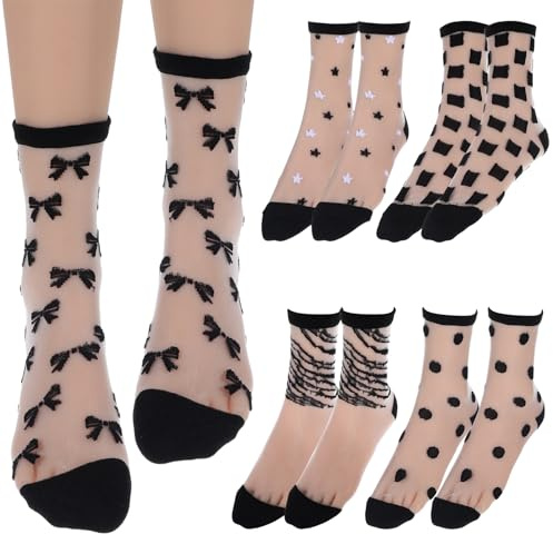 Lusofie 5 Paires Voir à Travers Chaussettes Plaid à Pois Rayé Plaid Pure Noir Chaussettes Dentelle Cheville Pure Maille Eté Tites Chaussettes Soie Femme Mince Mode Chaussette Basse Femme