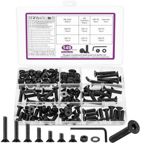 149 Pcs Tornillos M6, Juego de Tornillos y Tuercas, Tornillos de Cabeza Avellanada con Tuercas, Tornillos de Cabeza Hueca Hexagonal de Cabeza Plana y Tuercas y Arandelas Kit, Negro