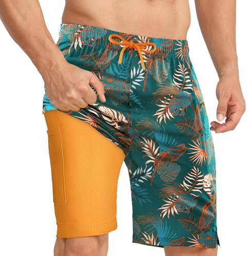APTRO Badbyxor för män, långa med kompressionsliner, snabbtorkande badshorts, badbyxor, 2 i 1 badbyxor med dragkedja, innerbyxor, surfing, strandbyxor, Färgglad orange Mk328, 3XL