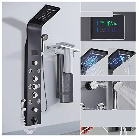 HPHPH Grifo de Ducha con luz LED Negra, de Columna de Ducha de Chorro de Masaje for baño, Panel de Ducha de Lluvia en Cascada, Grifo rociador de bidé(8009 Black B)