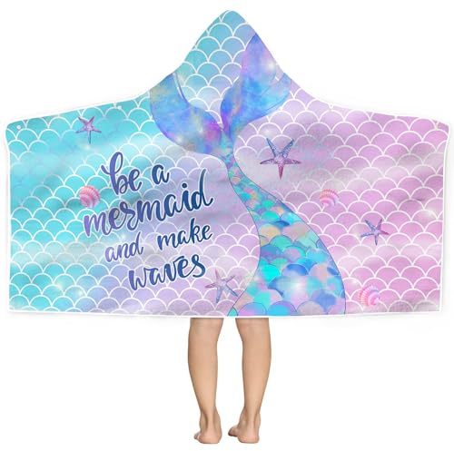 Bonsai Tree Mermaid Hooded Beach Towel,Kids Little Mermaid Tail Poncho Towel for Girls,Quick Dry 30”x50” Pink Bath Towel for Pool Swiming