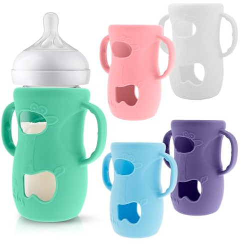 5 Pcs Baby Bottle Handle Easy Grip Anti Breakage Glass Bottle Silicone Sleeve with Handle and Window for Newborn Boy Girl
