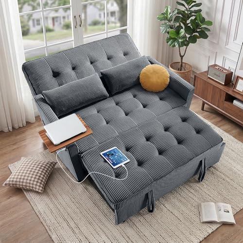 QSQG Sleeper Sofa Bed, 54'' Convertible Pull Out Couch with Small Table| USB Port | Side Pockets | Corduroy Fabric | Adjustable Backrest for Apartment, Office, Bedroom, Guest room(DarkGray)