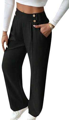 PUDANA Mujeres Pantalones con Pliegues Casual Vestidos Pantalones Holgados Cintura Alta Elegante Slack Negro S