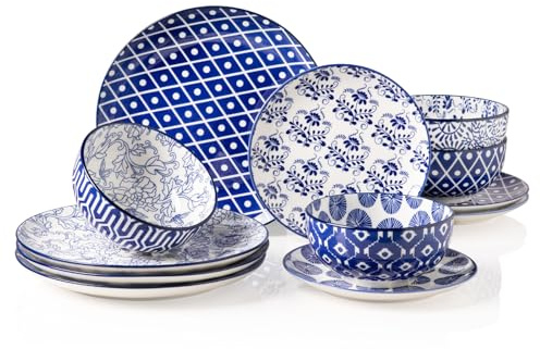 Sweejar Home Ceramic Dinnerware Sets for 4, 12 Pieces Porcelain Plates and Bowls Set, Classic Modern Simple Kitchen Dinner Dining Ware Set, Dishwasher and Microwave Safe Dishes Sets(Cobalt Blue)