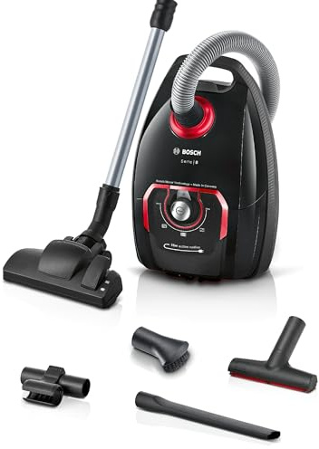Bosch Staubsauger mit Beutel Serie 8 BGB75X650, für Allergiker, Hygiene-Filter, 10 Jahre Motorgarantie, XXL-Polsterdüse, XXL-Fugendüse, langes Kabel, Made in Germany, leise, 650 W, schwarz