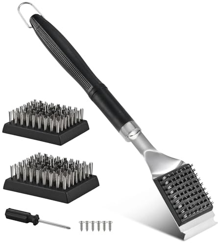 QH7 Spazzola e raschietto per barbecue, setole e manico extra lungo, spazzola metallica per barbecue a carbone, griglia elettrica, griglia a gas, 2 spazzole di ricambio (con viti e cacciavite)