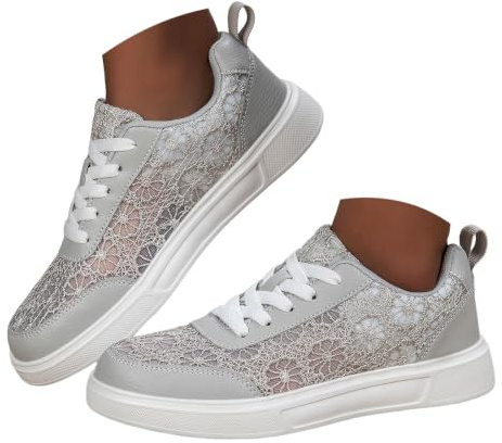 Generisch Baskets traditionnelles pour femme - En tissu blanc - Élégantes - Chaussures blanches - Chaussures d'été confortables - Dentelle plate et élégante