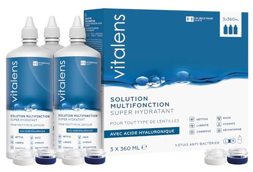 VITALENS - Soluzione multifunzione per qualsiasi tipo di lenti a contatto - 6 in 1: decontamina, pulisce, risciacquo, deproteinizza, lubrifica, conserva, idrata - acido ialuronico - 3 x 360 ml