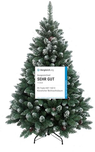 RS Trade HXT 15013 Schneebaum 120 cm künstlicher Weihnachtsbaum mit Schnee und Zapfen (Ø ca. 78 cm) ca. 500 Spitzen, schwer entflammbar, Schnellaufbau Klappsystem, inkl. Christbaum Ständer