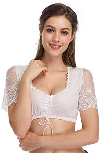 GloryStar Women's Bavarian Oktoberfest Costume Traditional Dirndl Blouse Shirt White Short Sleeve Tube Crop Top White01 S