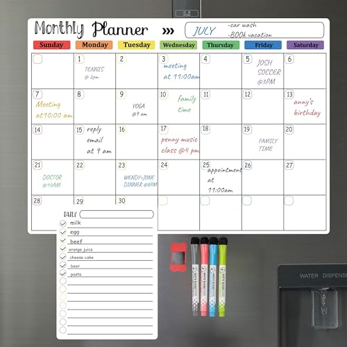 Hivillexun Pizarra Blanca Magnética para Refrigerador - Calendario Mensual y Diario con Planificador, Incluye 4 Marcadores y 1 Borrador - Ideal para Organización en la Nevera