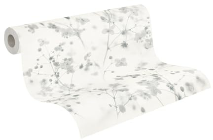 A.S. Création PintWalls 387263 - Papel pintado fieltro - 10,05m x 0,53m - diseño floral color blanco y gris