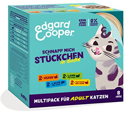 Edgard & Cooper Stückchen in Soße Katzenfutter Nass Adult getreidefrei hochwertiges Katzenfutter - Multipack 85g (8er Pack) - echtes Futter, nahrhafte Innereien, Gesunde Zutaten, 0% Zuckerzusatz