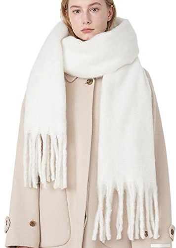 OUNIYA Bufanda grande y gruesa de gran tamaño, esponjosa, manta de lana gruesa, cálida para invierno, Blanco puro, Large