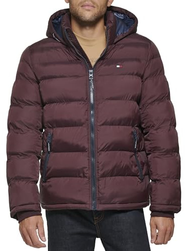 Tommy Hilfiger Herren Puffer Jacke mit Kapuze, Port, M