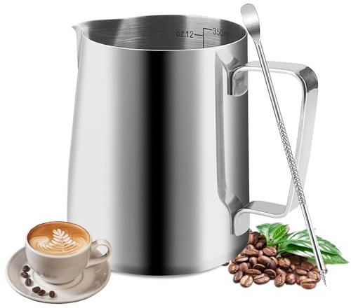 Salubohu Bricco Latte, 350ml Bricco Latte Professionale in Acciaio Inox con Scala, Inclusa l'Ago per il Latte Artistico, Adatta per Baristi per la Preparazione di Cappuccino, Espresso e Latte(Argento)