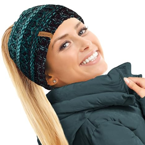 TOSKATOK Ladies Thermal Teddy Fleece Lined Ponytail Beanie Hat-Navy/Teal