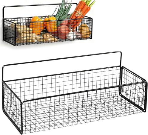 Gsycle Scaffale portaoggetti da cucina, cestini portaoggetti da parete di grande capacità montati a parete, cestini in filo metallico per la cucina della camera da letto del dormitorio (Nero)